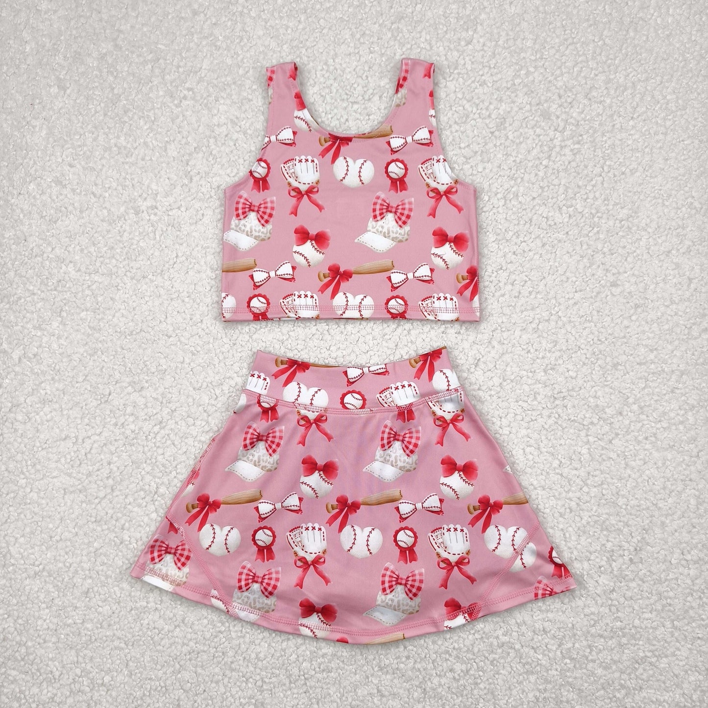 2 Colors Baseball Bows Tank Top Shorts Skirts Girls Summer Yoga Clothes Set Sisters Wear