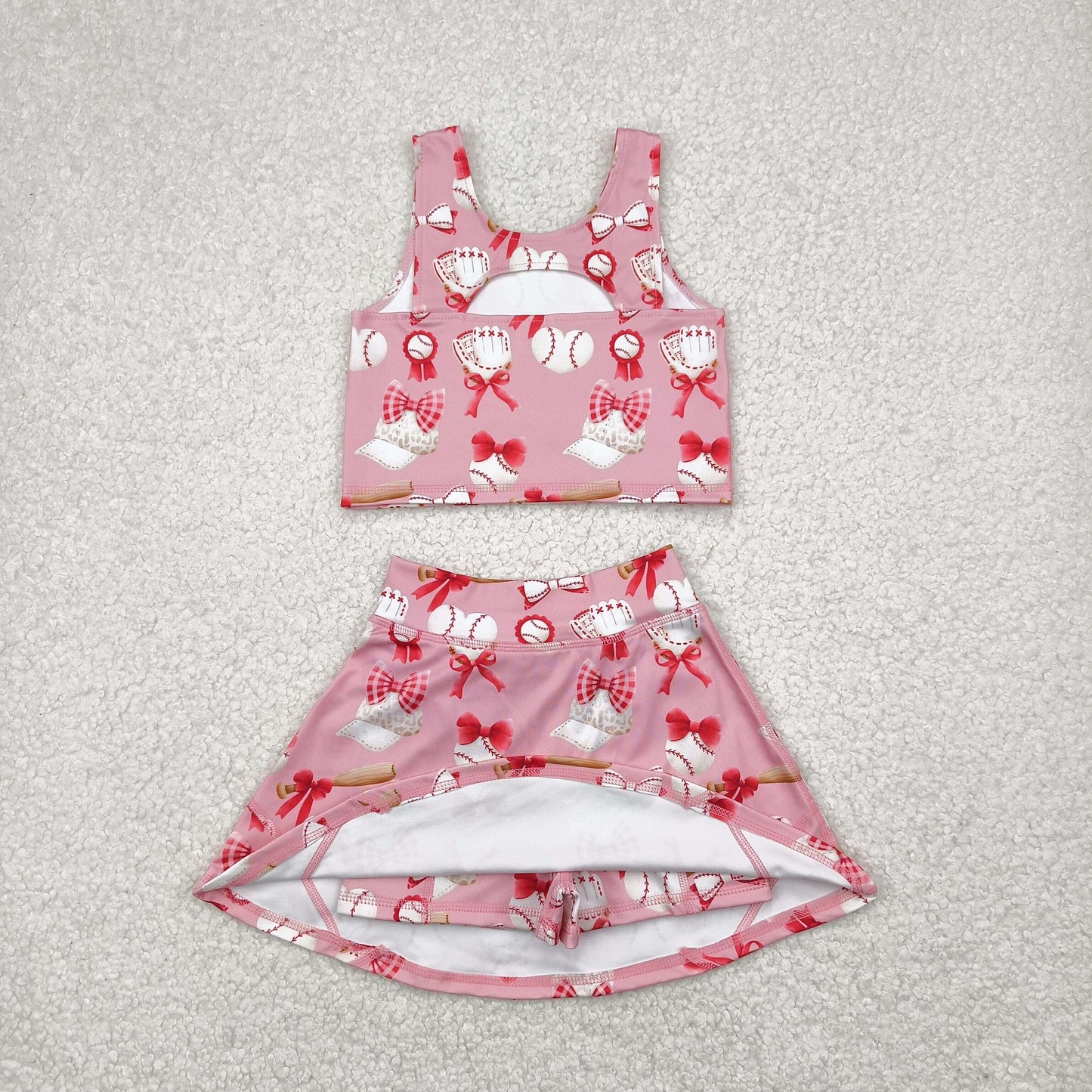 2 Colors Baseball Bows Tank Top Shorts Skirts Girls Summer Yoga Clothes Set Sisters Wear