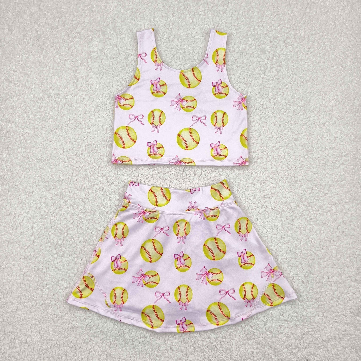 GSD2045 Softball Bows Pink Tank Top Shorts Skirts Girls Summer Yoga Clothes Set