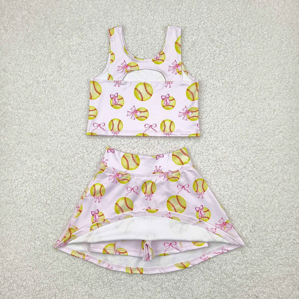 2 Colors Baseball Bows Tank Top Shorts Skirts Girls Summer Yoga Clothes Set Sisters Wear