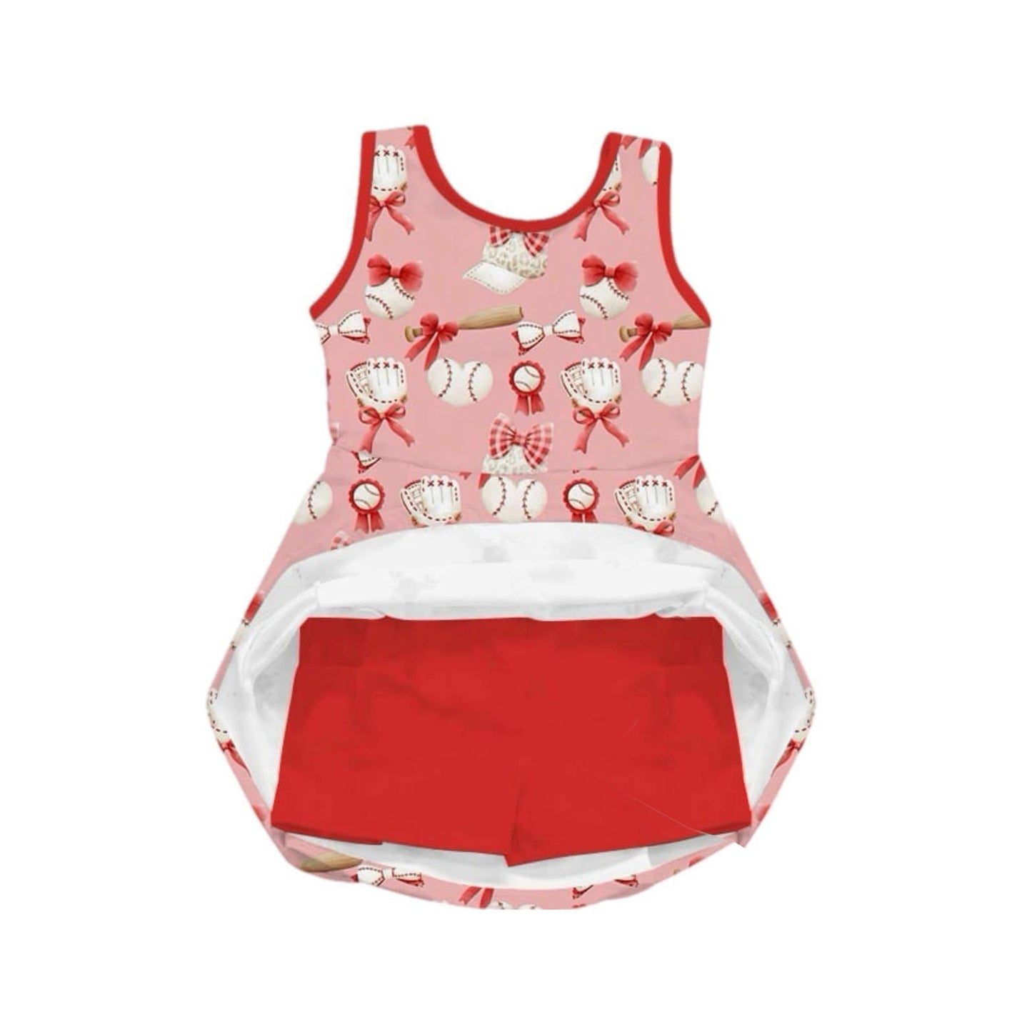(Pre-order)GSD2047 Baseball Bows Pink Print Print Girls Summer Shorts Knee Length Yoga Dress