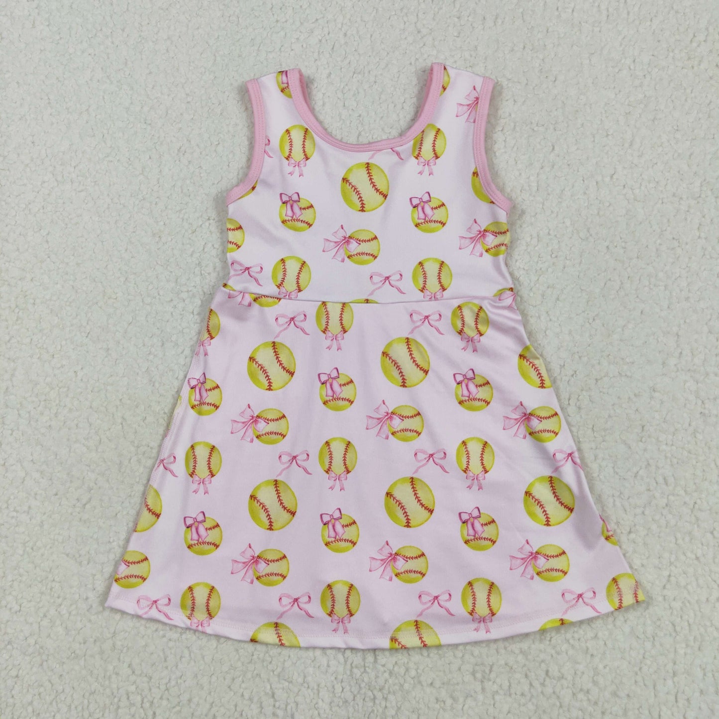 GSD2048 Softball Bows Pink Print Print Girls Summer Zipper Knee Length Yoga Shorts Dress