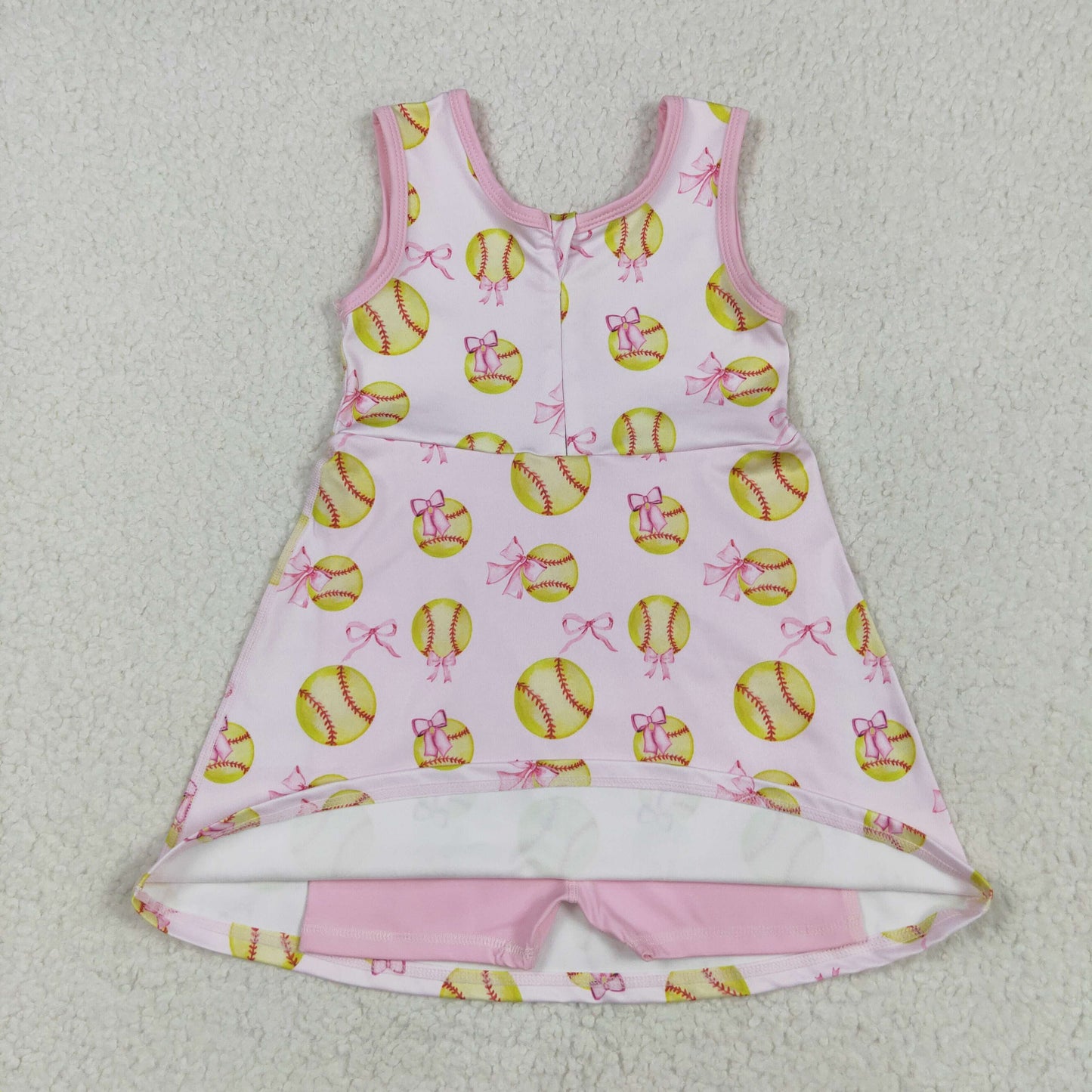GSD2048 Softball Bows Pink Print Print Girls Summer Zipper Knee Length Yoga Shorts Dress