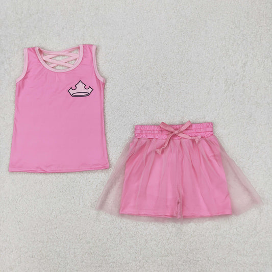 GSD2066 Cartoon Princess Pink Tank Top Tulle Skirts Shorts Girls Summer Clothes Set