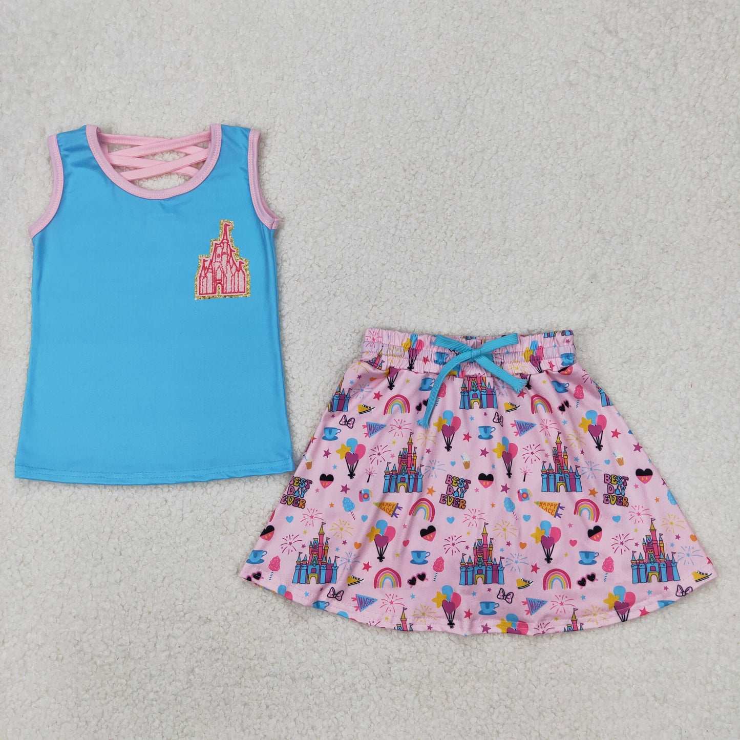 Cartoon Princess Tank Top Skirts Shotrs Girls Summer Clothes Set Sisters Wear