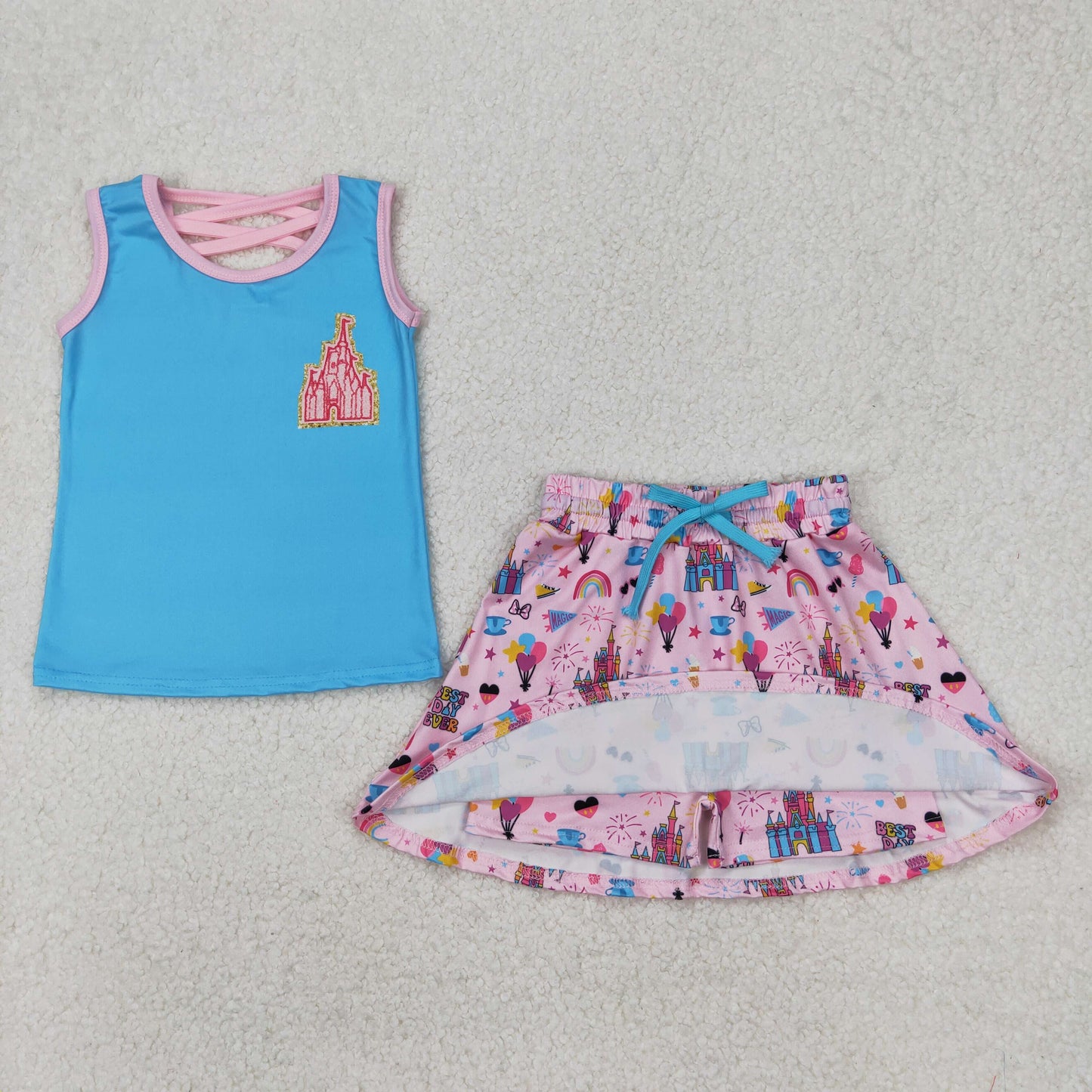 Cartoon Princess Tank Top Skirts Shotrs Girls Summer Clothes Set Sisters Wear
