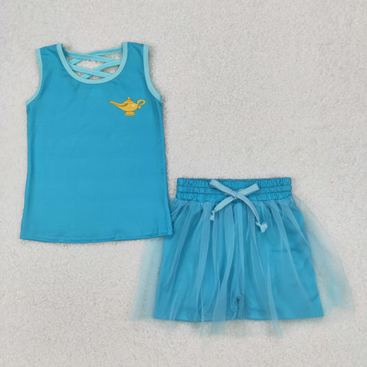 GSD2076 Cartoon Princess Light Blue Top Shotrs Tulle Skirts Girls Summer Clothes Set
