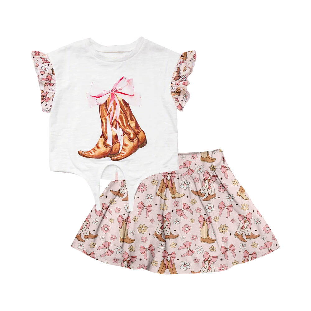 (Pre-order)GSD2078 Boots White Top Bows Flowers Skirts Girls Summer Clothes Set