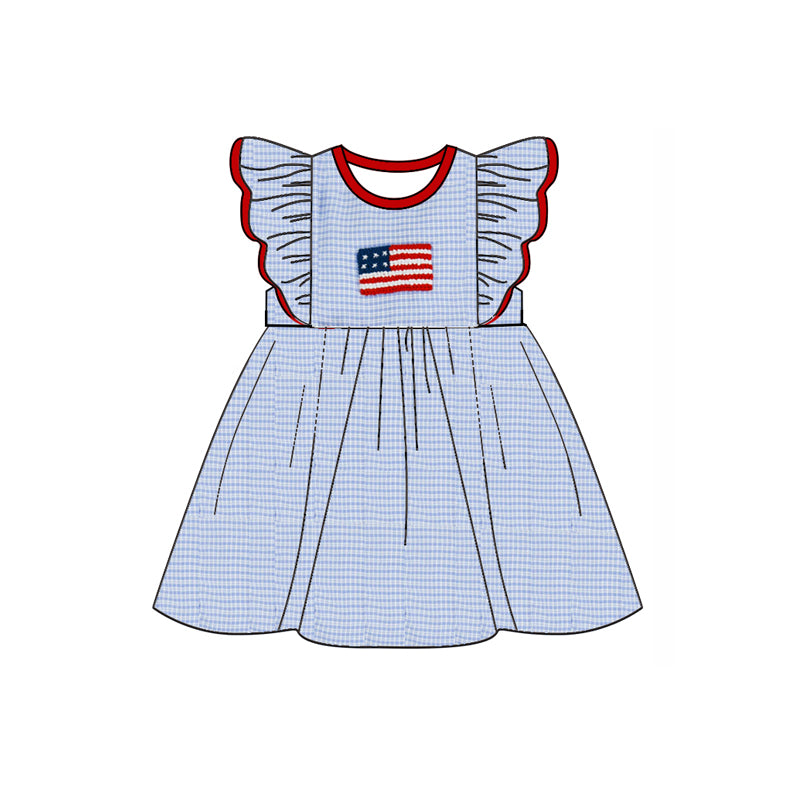 (Pre-order)GSD2081 Flag Plaid Print Girls 4th of July Knee Length Dress