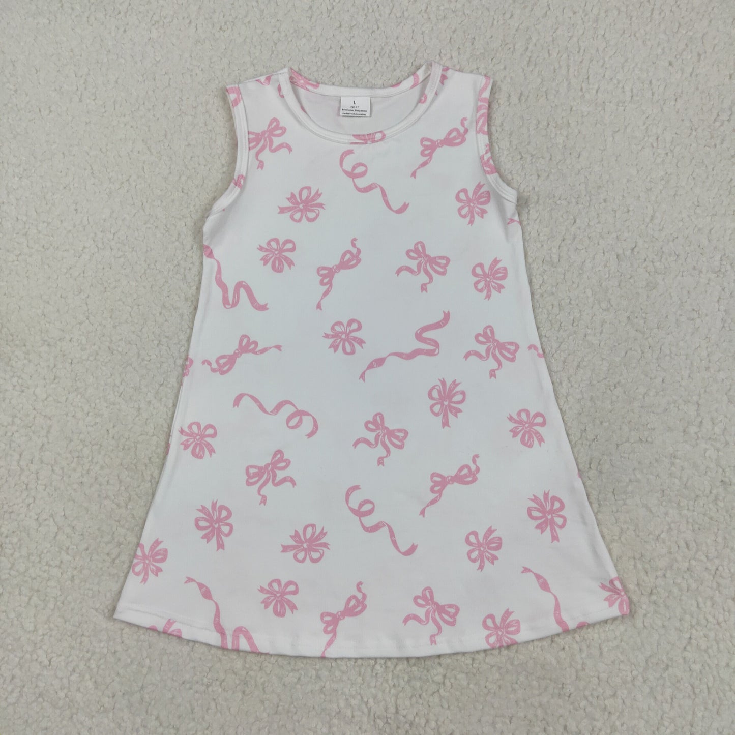GSD2083 Pink Bows Print Girls Summer Knee Length Dress