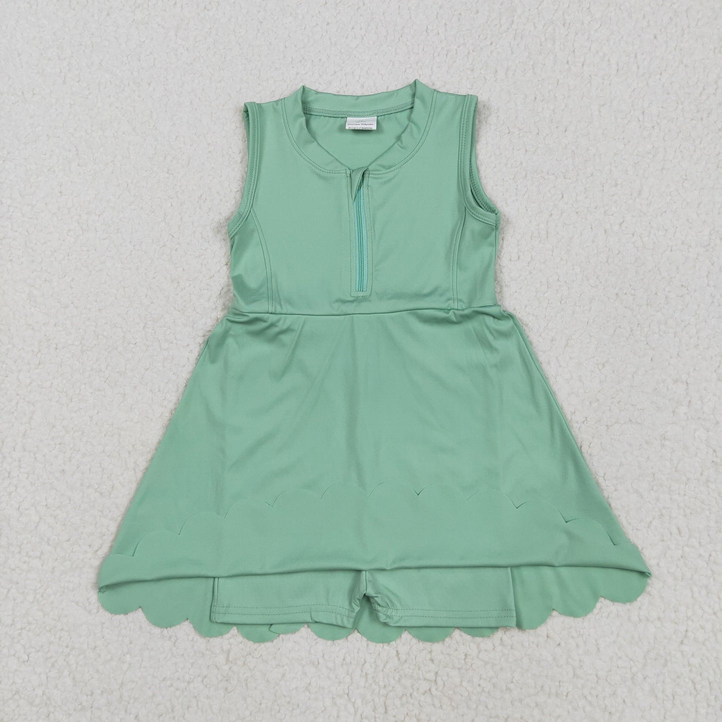 GSD2089 Green Color Zipper Sleeveless Top Girls Summer Knee Length Yoga Dress