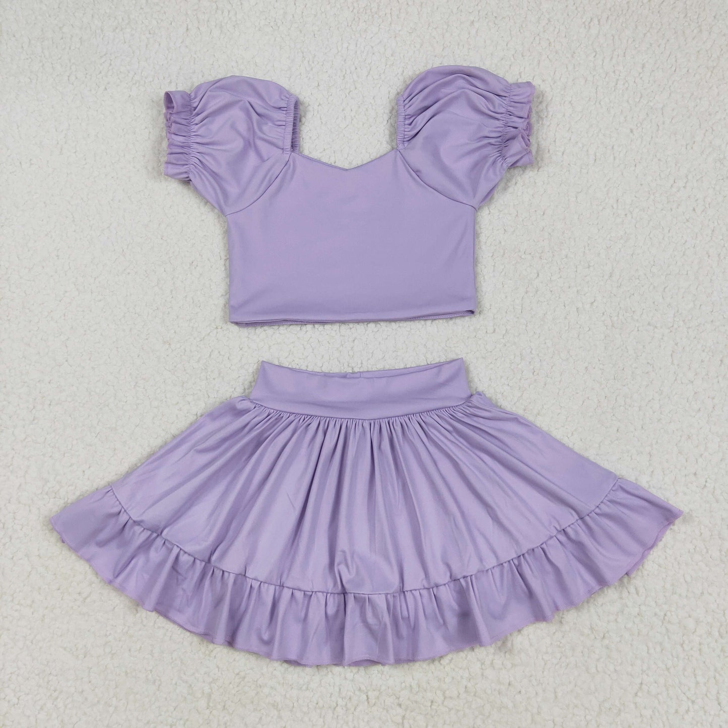 GSD2099 Purple Color Crop Top Ruffle Skirts Shorts Girls Summer Yoga Clothes Set