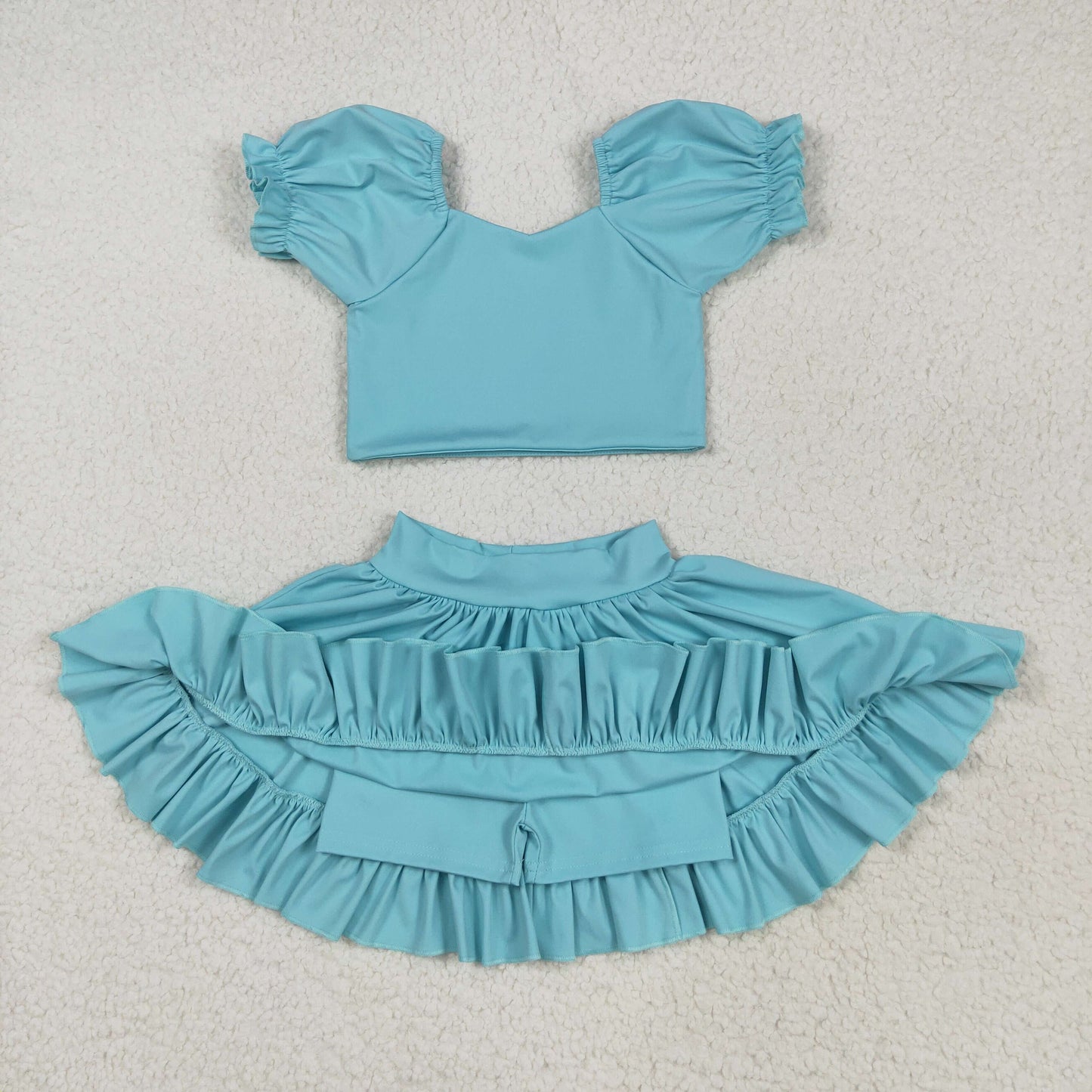 GSD2101 Blue Color Crop Top Ruffle Skirts Shorts Girls Summer Yoga Clothes Set