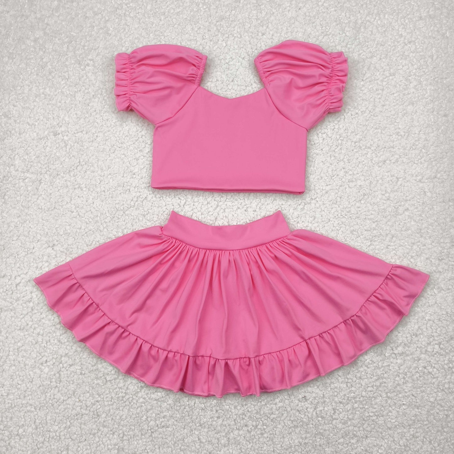 GSD2102 Pink Color Crop Top Ruffle Skirts Girls Summer Yoga Clothes Set