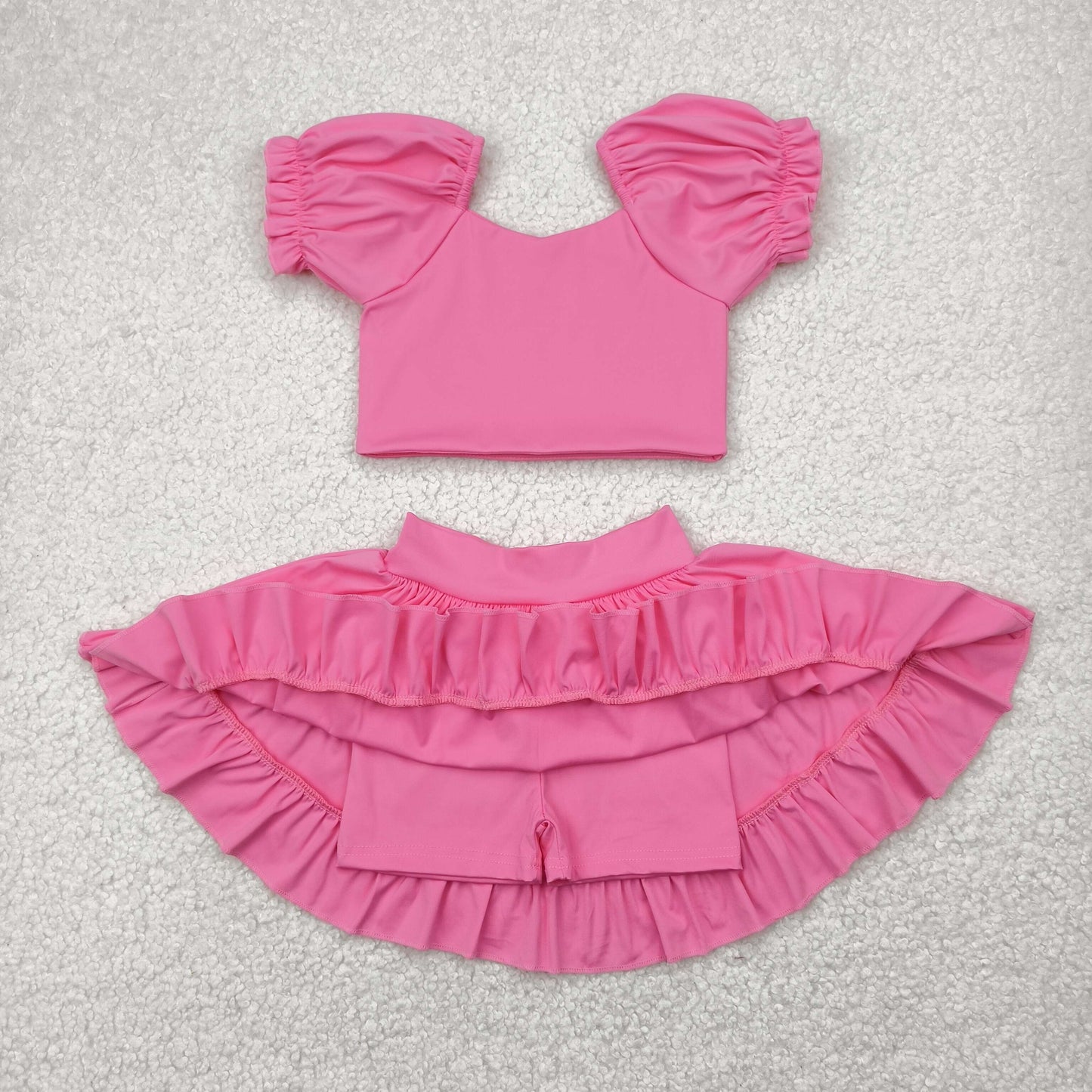 GSD2102 Pink Color Crop Top Ruffle Skirts Girls Summer Yoga Clothes Set