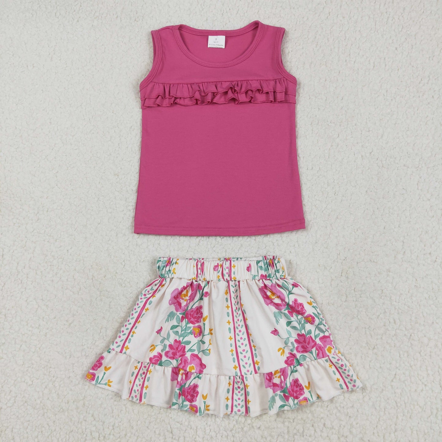 GSD2104 Hot Pink Top Flowers Skirts Girls Summer Clothes Set