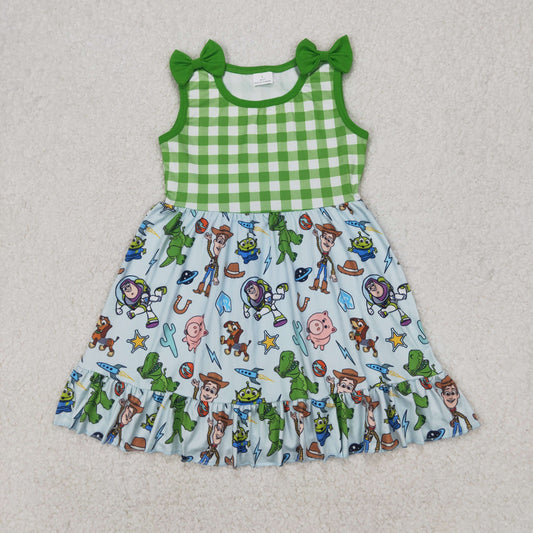 GSD2107  Cartoon Toys Plaid Print Girls Summer Knee Length Dress