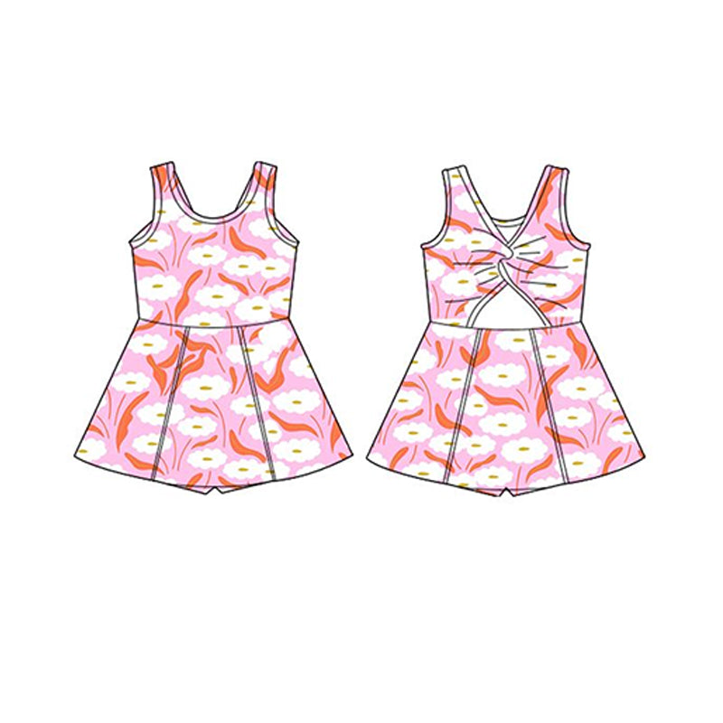 (Pre-order)GSD2111 Pink Flowers Print Girls Summer Shorts Knee Length Yoga Dress