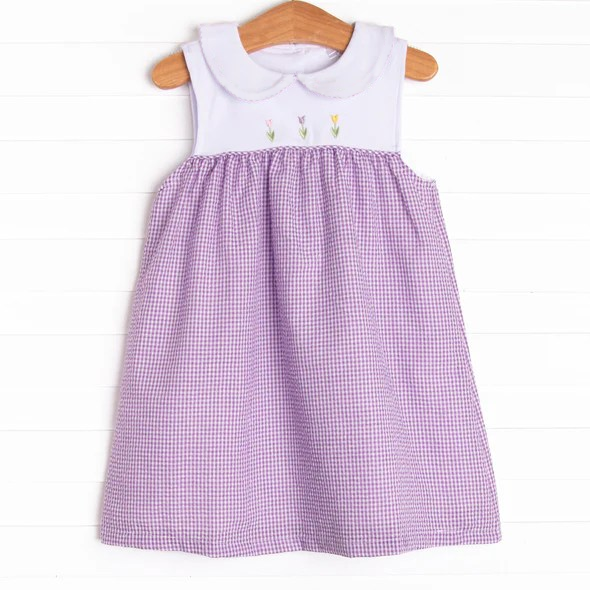 (Pre-order)GSD2129 Flowers Purple Plaid Print Girls Summer Knee Length Dress