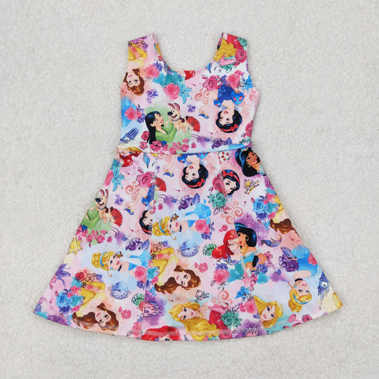 GSD2136  Cartoon Princess Flowers Print Girls Summer Shorts Knee Length Yoga Dress