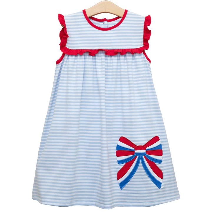 (Pre-order)GSD2137 Bows Blue Stripes Print Girls 4th of July Knee Length Dress