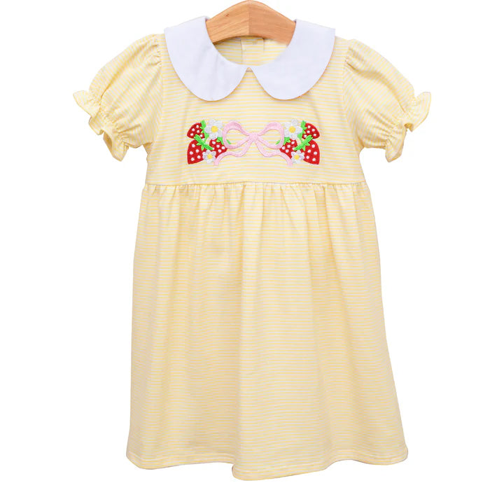 (Pre-order)GSD2138 Strawberry Bows Yellow Print Girls Summer Knee Length Dress