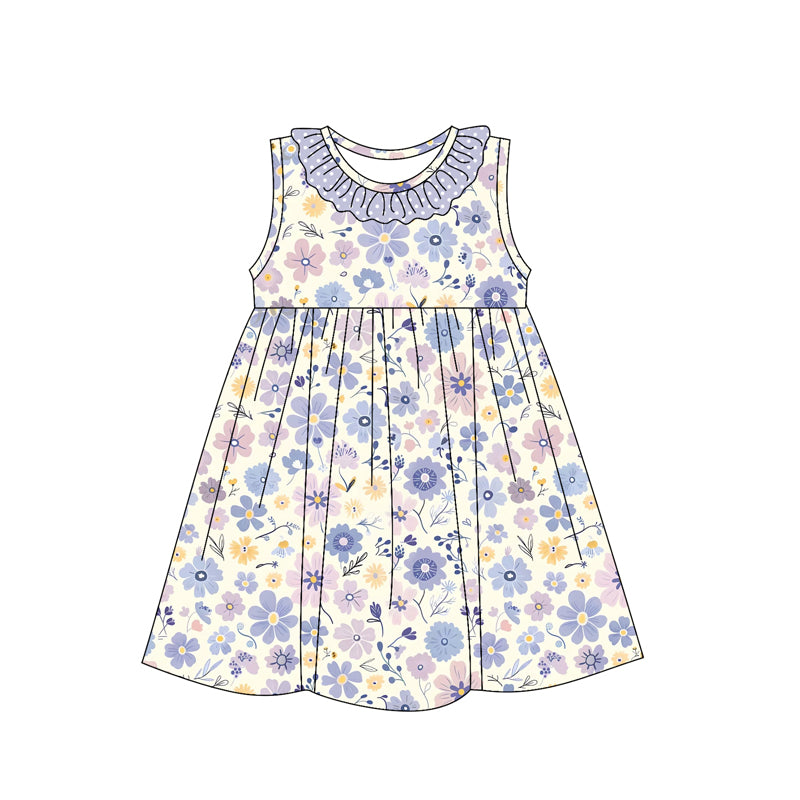(Pre-order)GSD2145 Purple Flowers Print Girls Summer Knee Length Dress