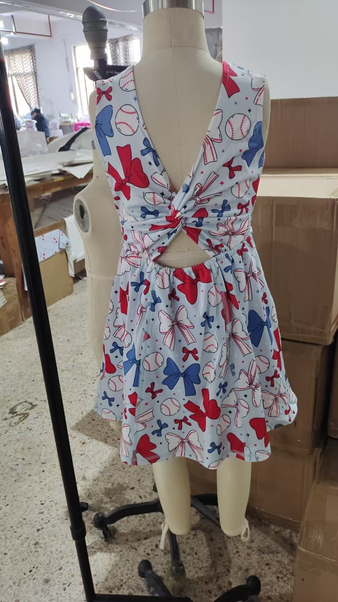 GSD2150 Baseball Red Blue Bows Print Girls Summer Shorts Knee Length Yoga Dress