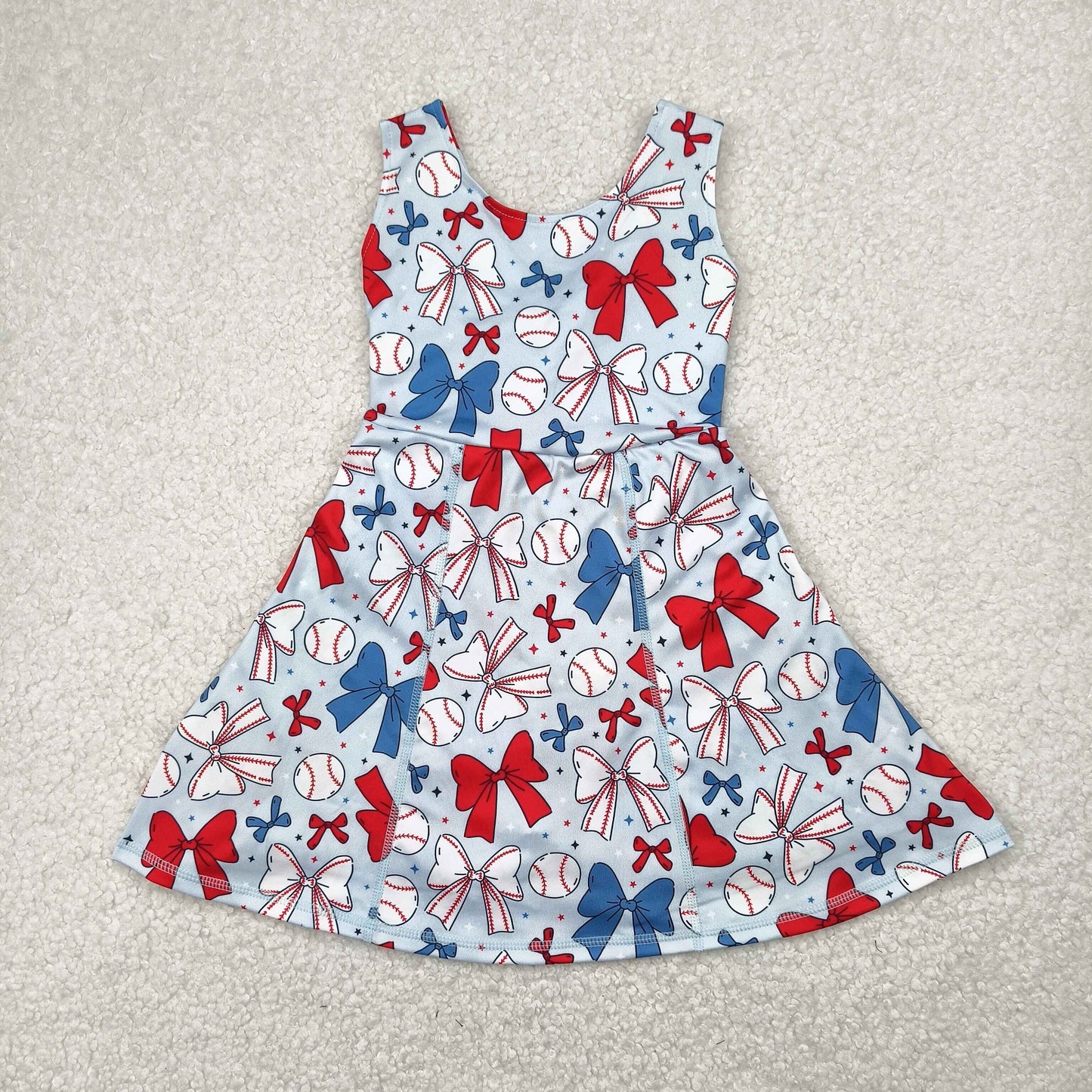 GSD2150  Baseball Red Blue Bows Print Girls Summer Shorts Knee Length Yoga Dress