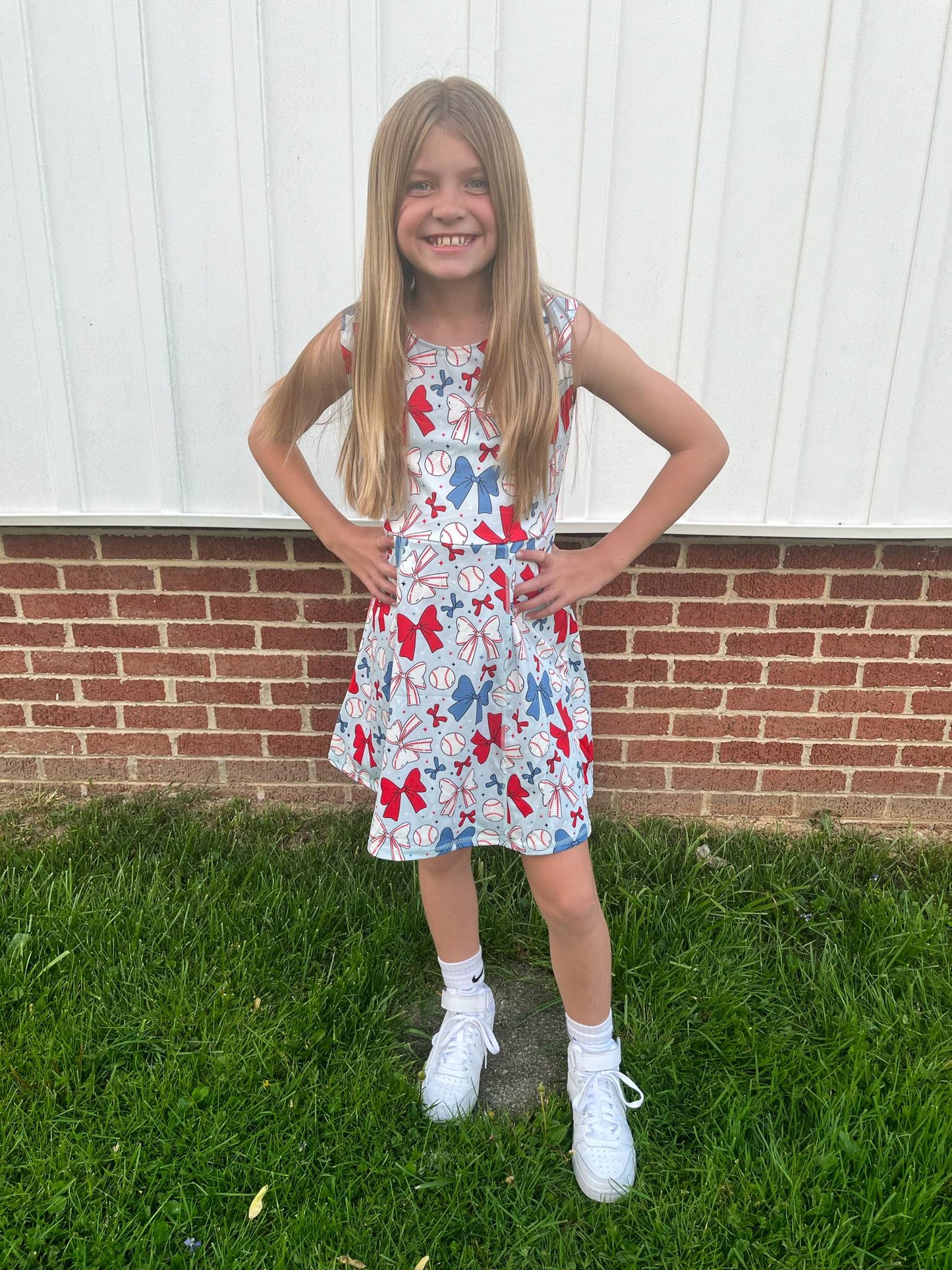 Baseball Red Blue Bows Print Skirts Shorts Girls Summer Yoga Clothes Sisters Wear