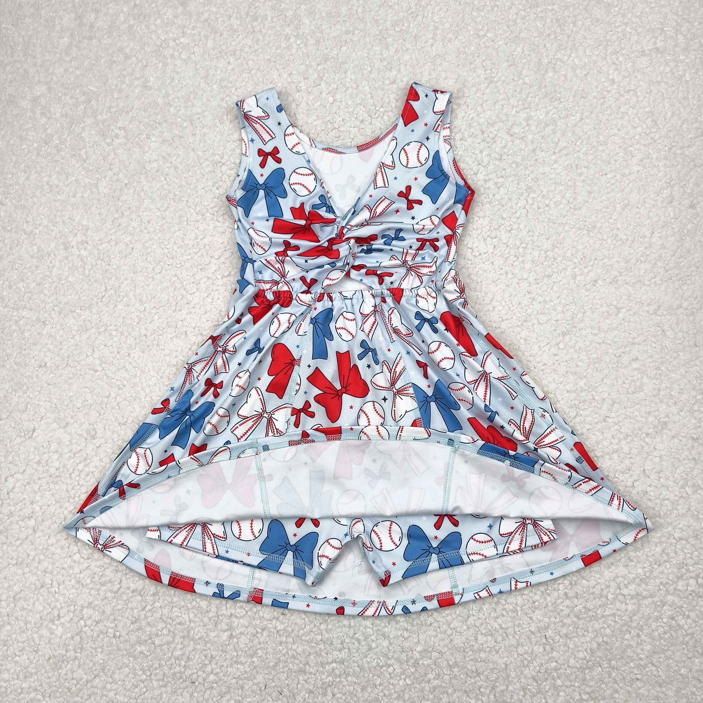 GSD2150  Baseball Red Blue Bows Print Girls Summer Shorts Knee Length Yoga Dress