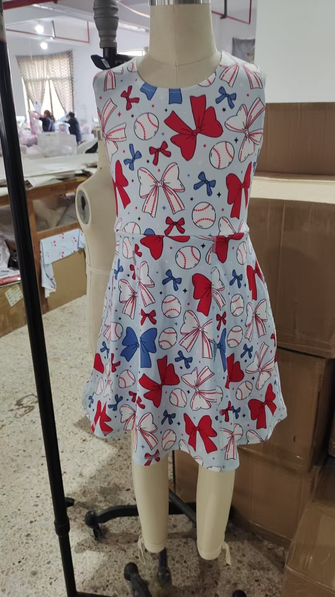 GSD2151 Baseball Red Blue Bows Print Skirts Shorts Girls Summer Yoga Clothes Set