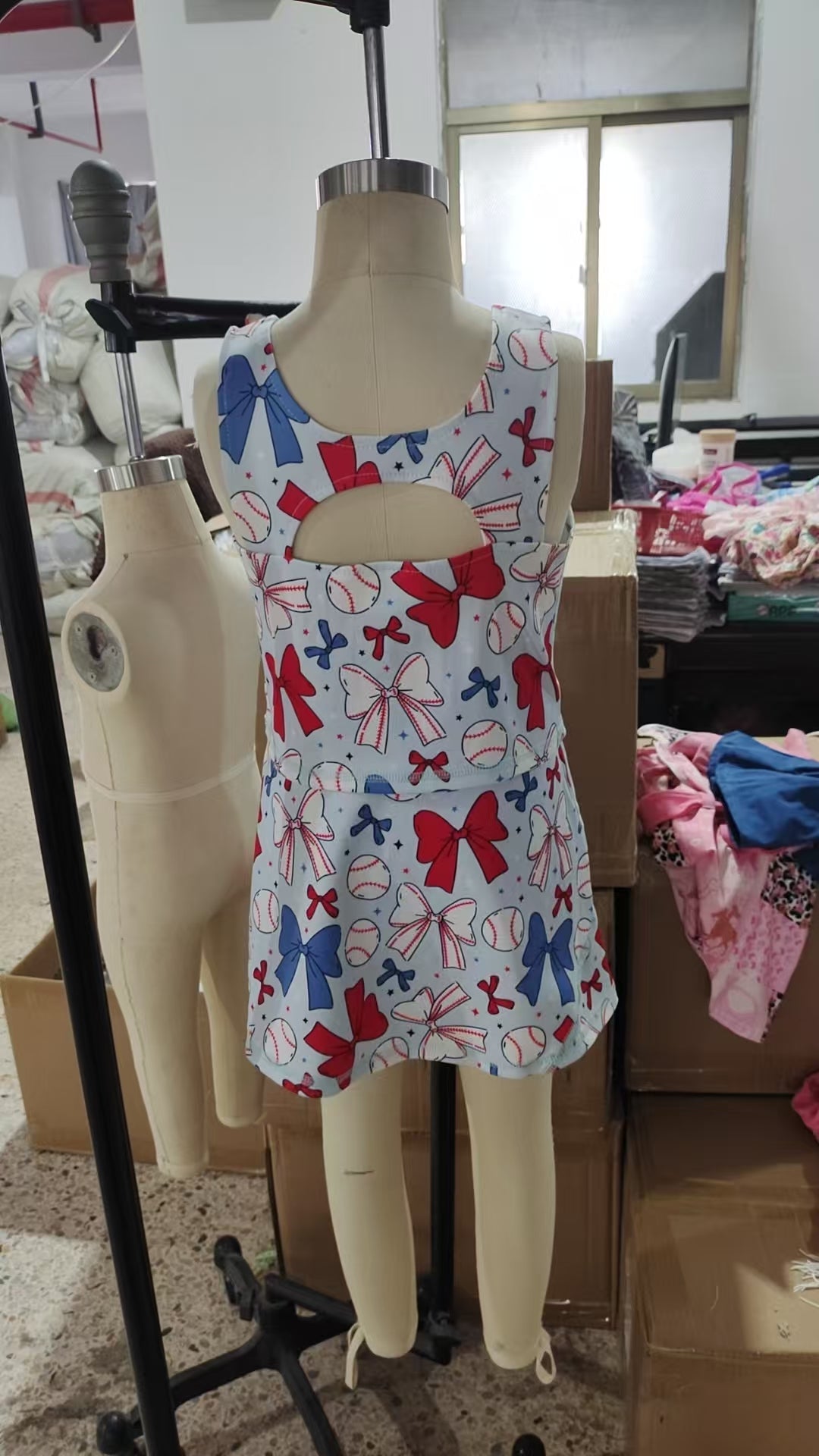 GSD2151 Baseball Red Blue Bows Print Skirts Shorts Girls Summer Yoga Clothes Set