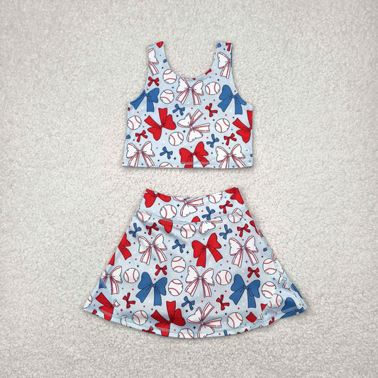 GSD2151 Baseball Red Blue Bows Print Skirts Shorts Girls Summer Yoga Clothes Set