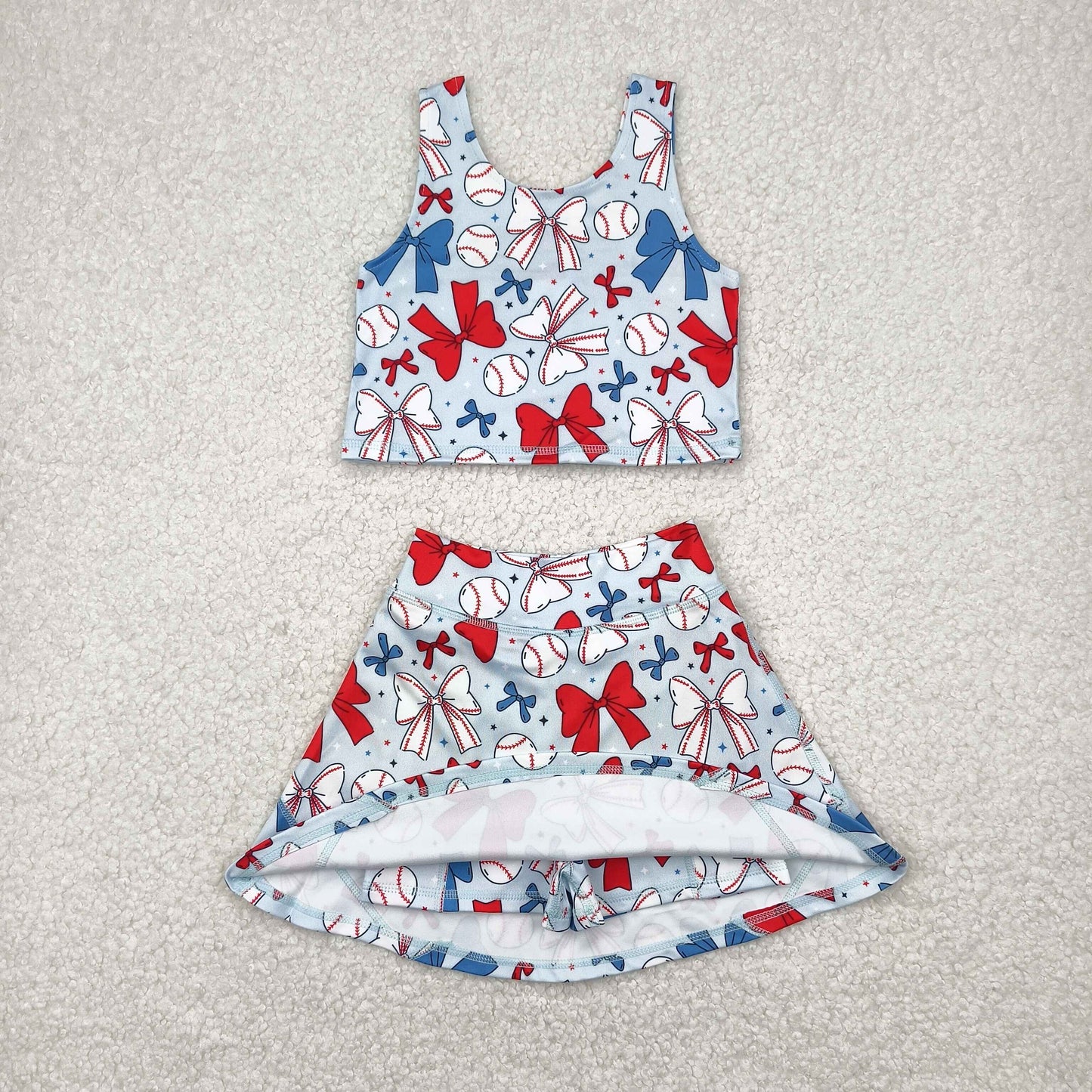 GSD2151 Baseball Red Blue Bows Print Skirts Shorts Girls Summer Yoga Clothes Set