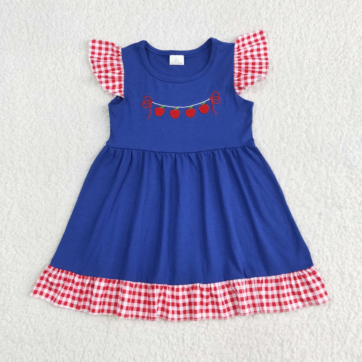 Apple Embroidery Blue Top Red Plaid Shorts Kids Back to School Clothes Sibling Wear
