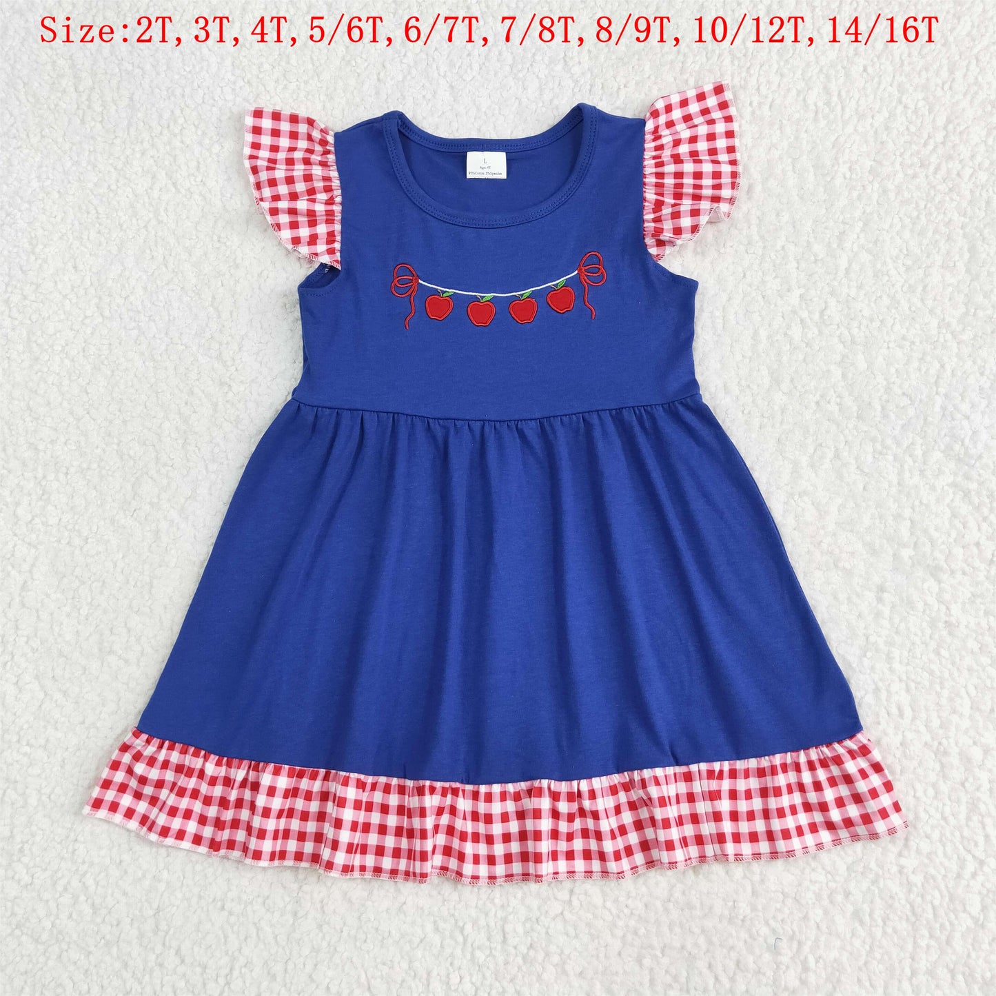 GSD2153 Apple Embroidery Blue Girls Back to School Knee Length Dress
