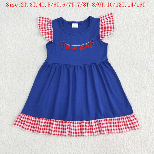 GSD2153  Apple Embroidery Blue Girls Back to School Knee Length Dress
