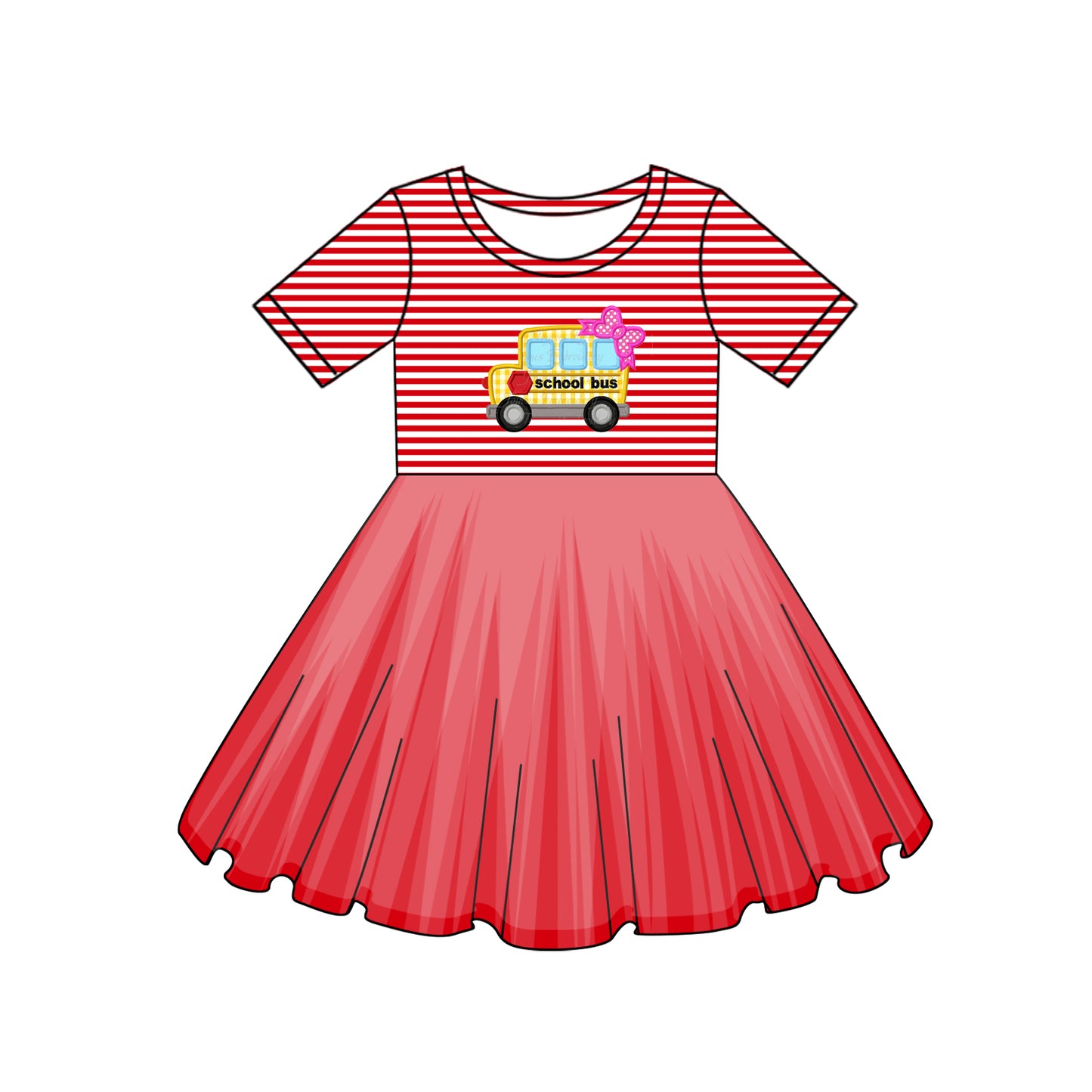 (Pre-order)GSD2154 School Bus Red Stripes Print Girls Back to School Knee Length Dress