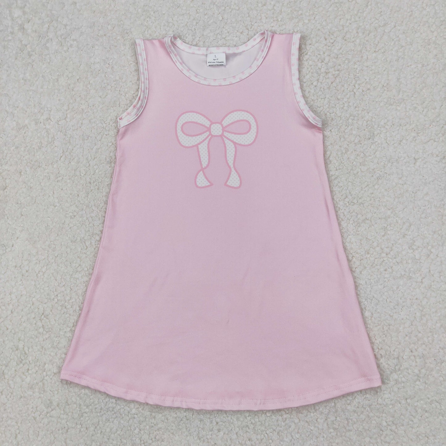 GSD2157 Bow Pink Print Girls Summer Knee Length Dress