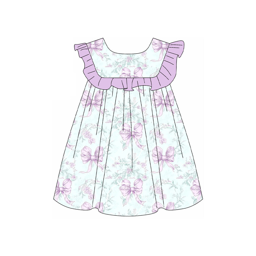 (Pre-order)GSD2158 Flowers Purple Bows Print Girls Summer Knee Length Dress