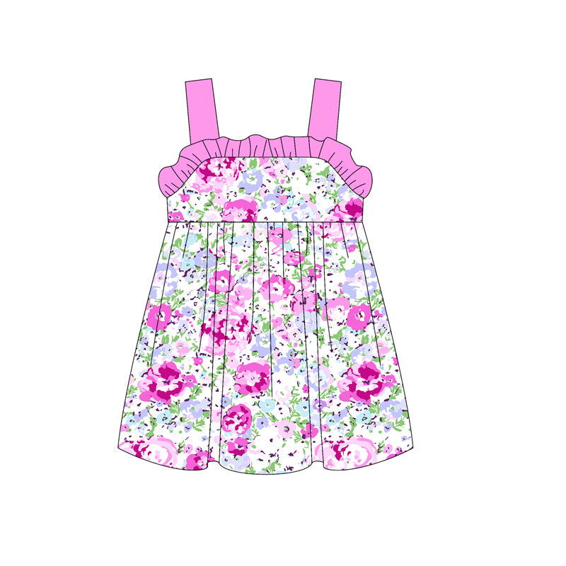 (Pre-order)GSD2169 Purple Flowers Print Girls Summer Knee Length Dress