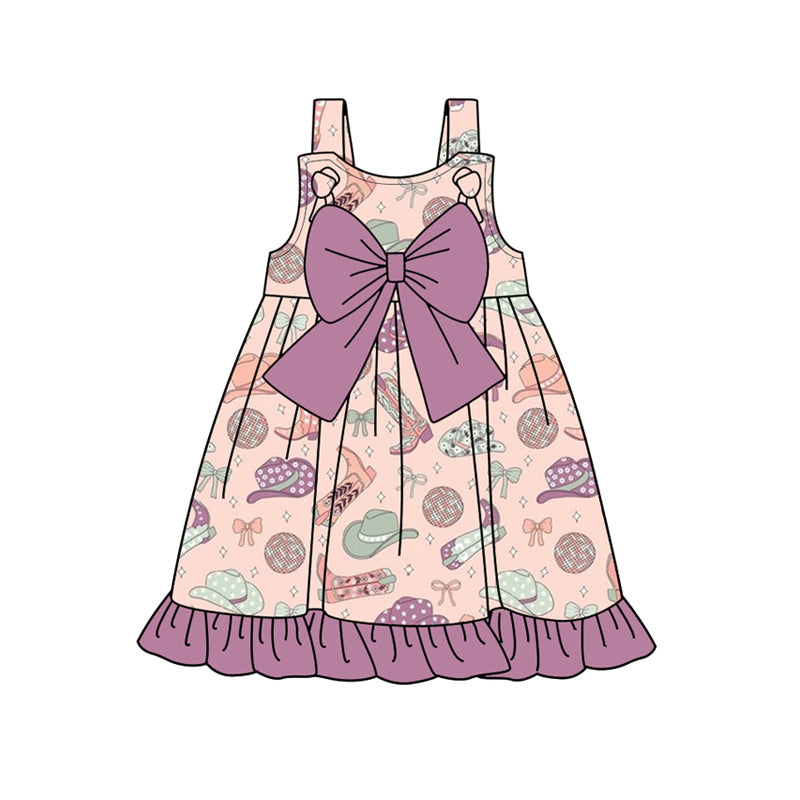 (Pre-order)GSD2171 Boots Bows Hat Western Print Girls Summer Knee Length Dress