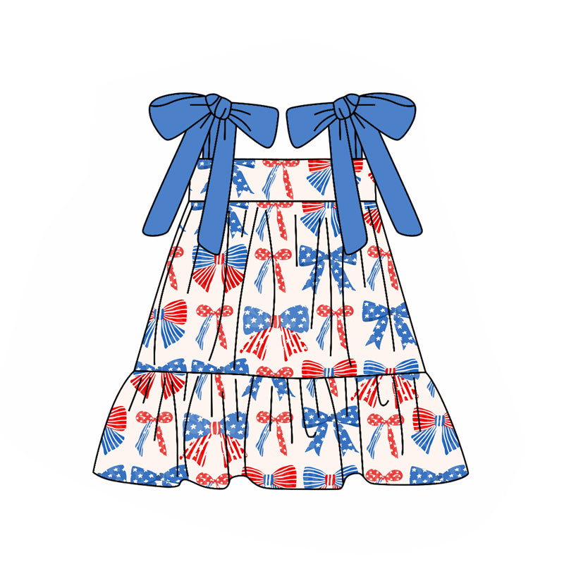 (Pre-order)GSD2172 Red Blue Bows Print Girls 4th of July Knee Length Dress
