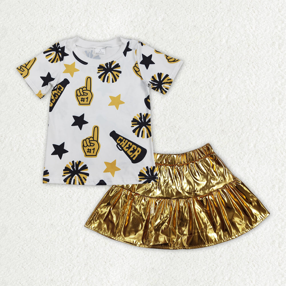 Cheer Top Golden & Red Pleather Elastic Skirts Girls Summer Clothes Set Sisters Wear