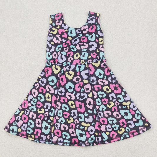 GSD2175  Colorful Leopard Print Girls Summer Backless Shorts Knee Length Yoga Dress