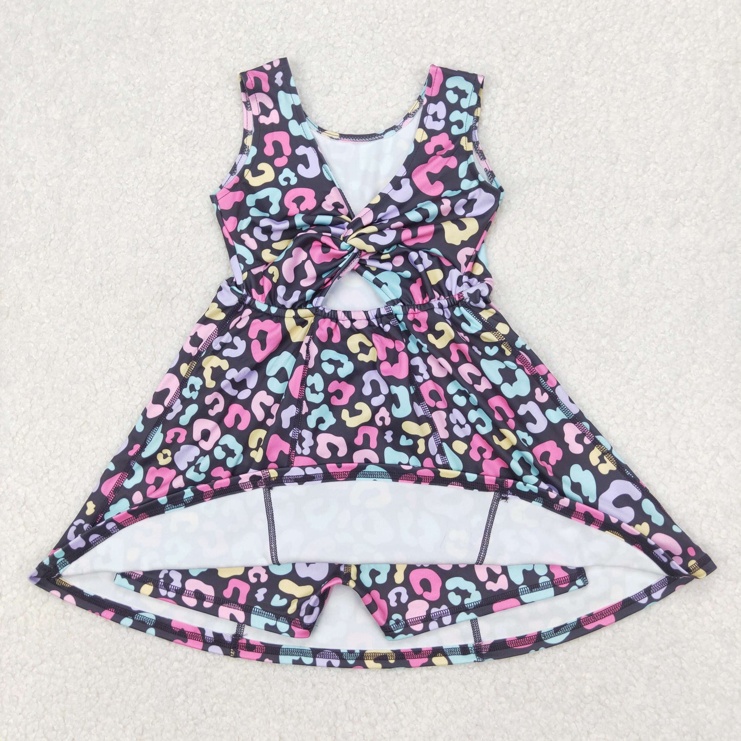 GSD2175  Colorful Leopard Print Girls Summer Backless Shorts Knee Length Yoga Dress