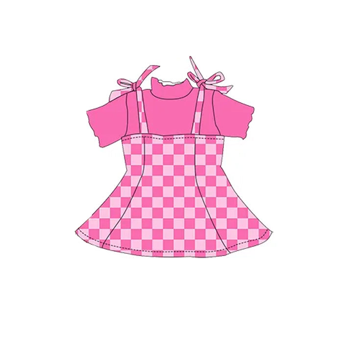 (Pre-order)GSD2180 Pink Plaid Print Girls Summer Knee Length Dress