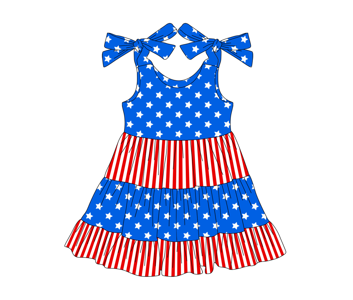 (Pre-order)GSD2185 Stars Stripes Print Girls 4th of July Knee Length Dress