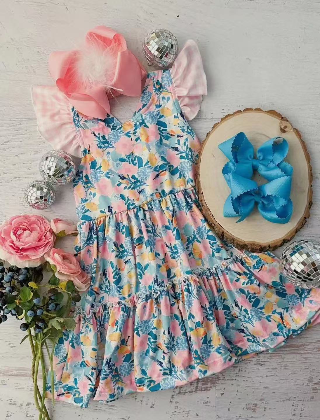 (Pre-order)GSD2188 Pink Blue Flowers Print Flutter Sleeve Girls Summer Knee Length Dress